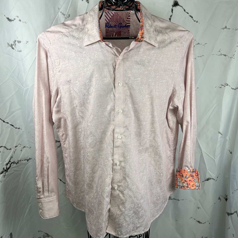 Robert Graham Button-Up Shirt Pin Stripe & Paisley Contrasting Cuffs Long Sleeve